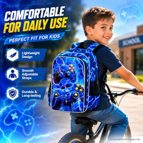 Image of 3Pcs Gamer Backpack for Boy, 17 inch Lightning School Bookbag for Elementary Preschool Kindergarten, Kids School Thunder Backpacks with Lunch Box (Blue)