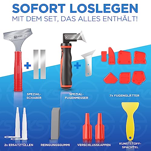 KISTEK® Silikonentferner Set [18-teilig] - Profi Werkzeug zum Silikon entfernen - Silikon Abzieher - Dichtmittel Bearbeitungsset inkl. Silikonfugen Abzieher, Fugenglätter, Fugenmesser & Fugenkratzer