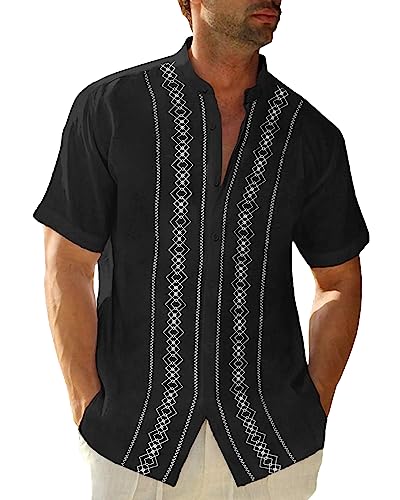 Cuban Guayabera Shirts for Men Short Sleeve Casual Button Down Shirt Band Collar Beach Camp Mexican Shirt