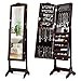 GOPLUS Armoire à Bijoux sur Pied avec Miroir, Meuble à Bijoux de Dessus d’Arc avec 14 Lumières LED, 6 Étagères de Rangement, Verrouillable en Bois pour Bijoux et Cosmétiques (Brun)