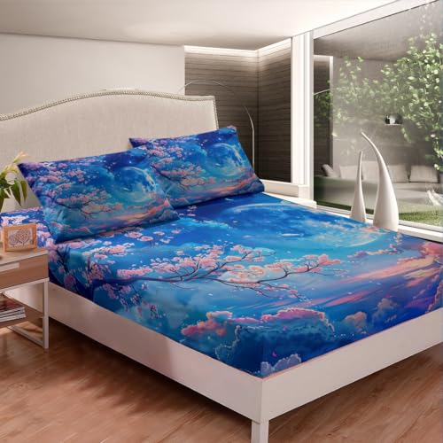 Drap-housse fleurs de cerisier rose pour grand lit Manfei