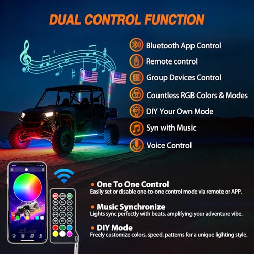 Image of Nilight LED Whip Light 2PC 5FT Spiral RGB Antenna Whips with Spring Base, App /Remote Control DIY Chasing Patterns Brake & Reverse Turn Signal Lights for Side by Side ATV UTV RZR Can-Am Buggy Jeep