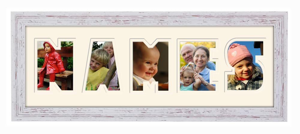Personalised Any Name Word Photo Frame Birthday Picture Gift Present (Shabby Chic Finish Frame Cream Mount Cream Inside, 5 Letters (Letters only no spaces)) — image 1
