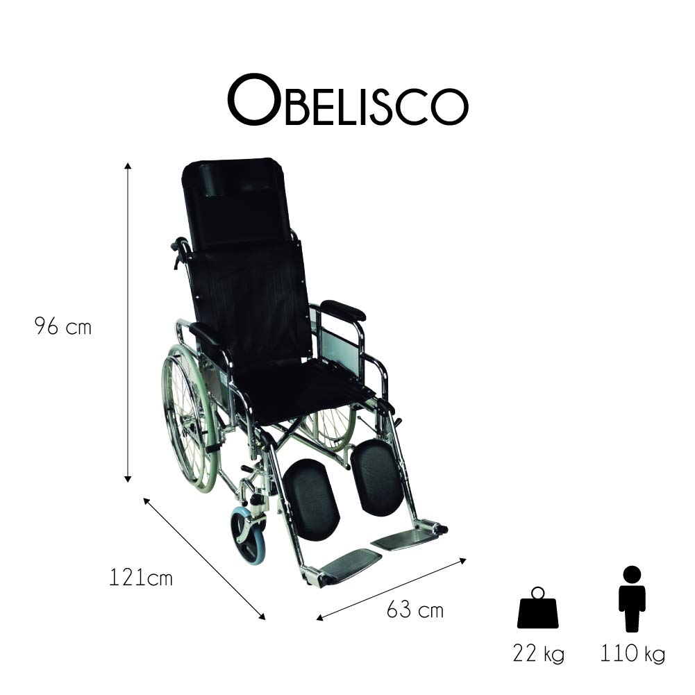 Mobiclinic®, Silla de Ruedas Plegable, Autopropulsable, Obelisco, Freno en Manetas, Respaldo Reclinable, Reposapiés y Reposabrazos Extraíbles, Asiento 46 cm, Ultraligera, Negro