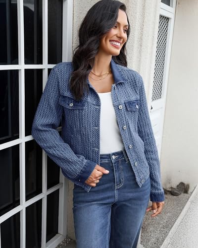 luvamia Jean Jacket Women Trendy Texture Distressed Button Down Long Sleeves Casual Trucker Denim Jackets with Pockets3