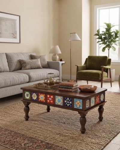 Image of JEENWOOD Sheesham Wood Rectangle Center Coffee Table for Living Room | Centre Table for Drawing Room, Office & Home | Multicolor Tiles Design| Walnut Finish