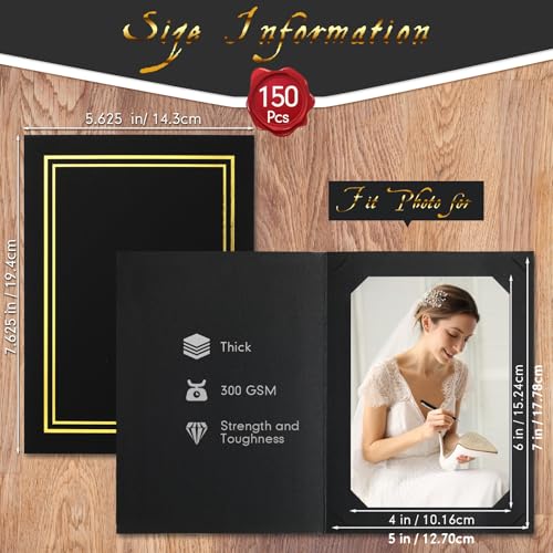 Image of Fainne 150 Pcs Photo Folders for 4x6 or 5x7 Pictures Photo Frame Note Cards Paper Greetings Cardboard Inserts Cards Picture Insert Notecard for Portraits(Black, Gold Lining)