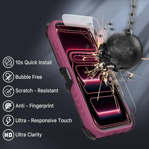Image of M MYBAT PRO for iPhone 17 Pro Case with Belt Clip Holster,[Compatible with Magsafe] w /Screen Protector,Anti-Drop,Shockproof,w 360Rotating Kickstand,Heavy Duty Protection (Plum)