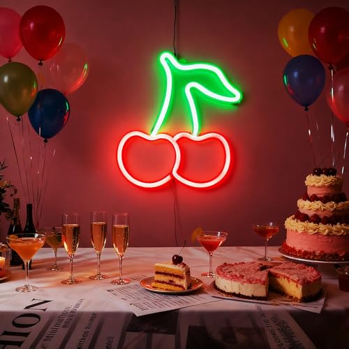 Image of Cherry LED Neon Light Sign Handmade Lamp for Wall Room Party Home Bar Art Christmas Bedroom Table Wedding Party Desktop Decoration Teen Kids Birthday Holiday Gift USB Powered(Red-Green)
