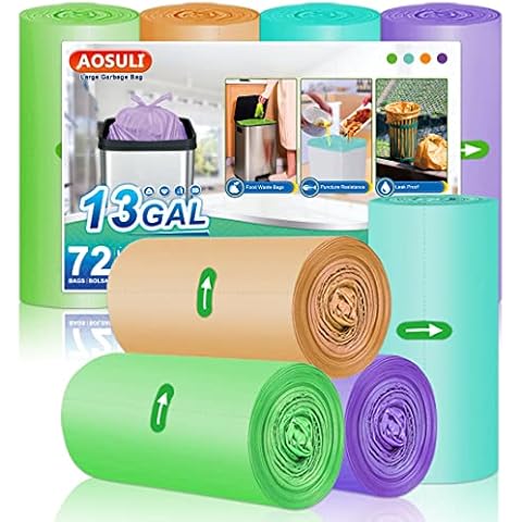 AOSULI Garbags Bags 13 Gallon Large Colourful Trash Bags, 50 Liter Thicker Wastebasket Liners 72 Bin Liners/4 Roll for Kitchen Office Garden Trash Can Cover