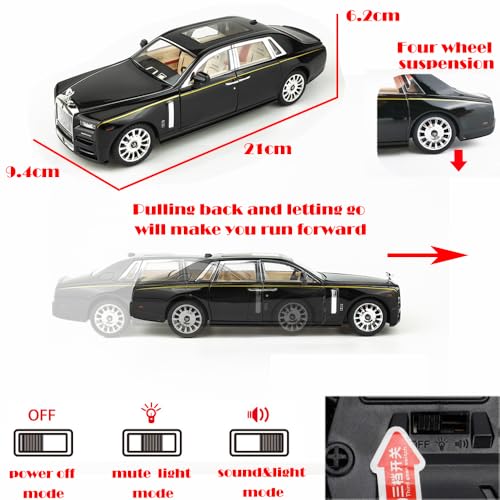 Modelo de coche Rolls-Royce Phantom 1:24 negro con luces y sonido miniatura 6