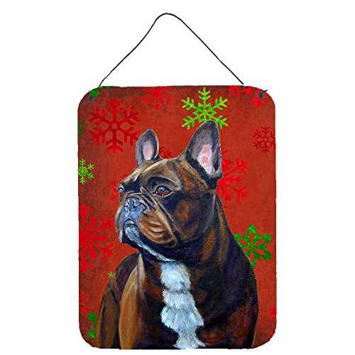 Caroline's Treasures LH9340DS1216 French Bulldog Red and Green Snowflakes Holiday Christmas Wall or Door Hanging Prints Aluminum Metal Sign Kitchen Wall Bar Bathroom Plaque Home Decor Front Door Plaqu