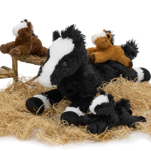 Image of Tezituor 4Pcs Horse Stuffed Animal Set, 21inch Large Stuffed Mommy Horse with 4 Babies Pony Toys, Black Stuffed Pony Plush Pillow for Boys Girls