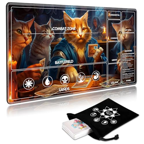 Image of for MTG Playmat with Card Storage Bag,Non-Slip Rubber Base & Smooth Surface 27.6x15.7in,Beginner-Friendly Magic Mat for Commander Deck,Cats Playing Cards-1