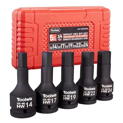 Image of Toolwiz 3 /4 Inch Drive Impact Hex Bit Set, 5-Piece Metric 14mm-24mm, Cr-Mo | One-Piece Construction, Impact Grade, Professional Automotive Impact Bit Socket Set, Heavy Duty PVC Storage Case