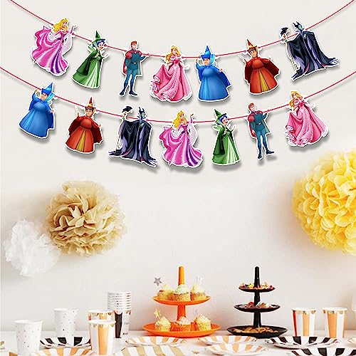 Image of Sleepin Beauty Garland Decoration - Princss-Themed Party Banner Featuring Castles, Crowns, Roses & Magical Icons - Elegant Supplies for Birthdays, Celebrations & Themed Events