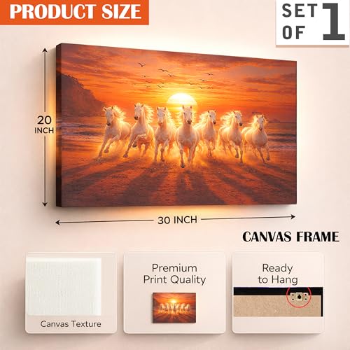 Image of Rousrie Big Size 7 Horses Vastu Frame Wall Art Painting, White Running Horses on Water, Rising Sun Wall Decor, Multicolor (50 cm x 75 cm)