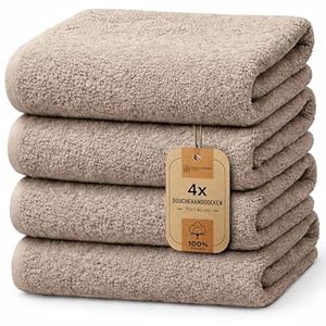 NatureMark Set van 4 douchehanddoeken – zachte en absorberende douchehanddoeken van 100% katoen, geschikt voor dagelijks gebruik – Zand, 70x140 cm