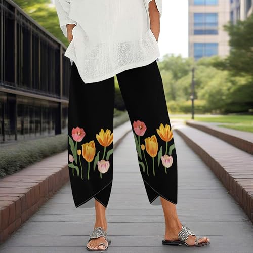 Womens Floral Tulip Print Cotton Linen Capri Pants Wide Leg Elastic Waist Summer Cropped Trousers with Pockets2