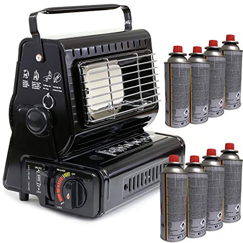 BDN-100 Heizstrahler Gasheizung 1,3KW Gasstrahler keramik Heizgerät Heizung + 8x Gaskartuschen 227g Cover