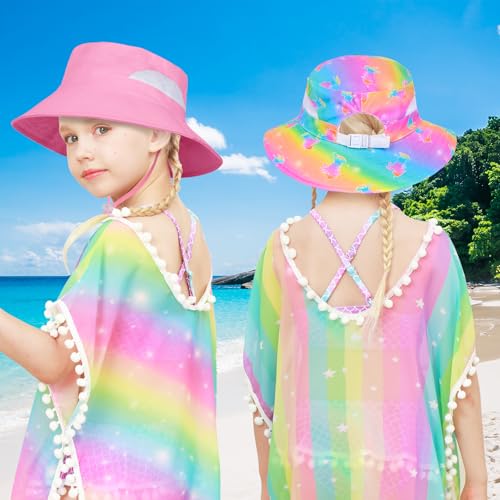 2pcs Kids Sun Hat for Girls Toddler Kids Bucket UV Protection Wide Brim Unicorn Beach Fishing Hat for Girls2