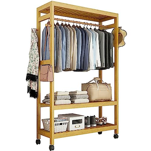GTATBTG Perchero de bambú para ropa, perchero con ruedas, organizador de 2 niveles de almacenamiento y una barra superior para colgar ropa, dormitorio, perchero de pie