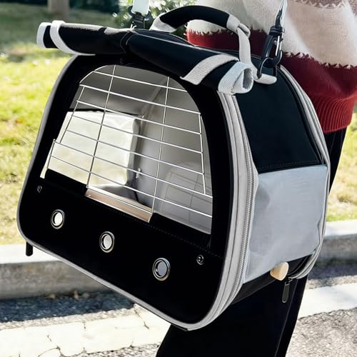 Image of Bird Travel Carrier Cage, with Stainless Steel Metal Window and Wood Perch, Portable Bag for Cockatiel Parakeet Conure Green Cheek Budgie (Black, Steel Window)