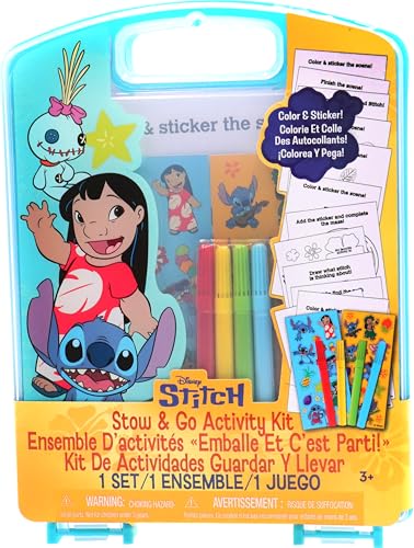 Image of Disney Stitch Stow & Go Activity Kit – 17-Piece Travel Art Set with Coloring Sheets, Crayons, Stickers & Carrying Case – Preschool Creative Kit for Ages 3+