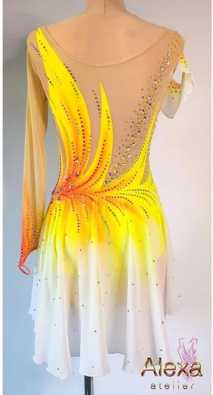 Yellow Boat Neck Longsleeve Ice Figure Skating Dress for Women