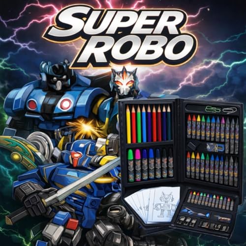 Maleta de Pintura Super Robo 48 Peças – Estojo Completo com Lápis de Cor, Giz de Cera, Canetinhas, Tinta, Pincel, Apontador e Desenhos para Colorir