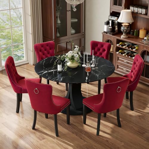 Image of 7-Piece Dining Table Set for 6 with 47 In Black Faux Marble Round Table | Circle Dining Room Table with 6 Velvet Upholstered Chairs, Modern Scandinavian Furniture for Dining Room Kitchen (Burgundy)
