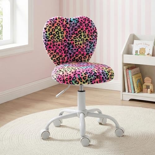 Image of Kmax Kids Reading Chair, Rolling Cute Desk Chair for Girls Swivel Office Chair with Wheels & Heart Back Adjustable Childrens Vanity Chair for Bedroom Reading Room - Faux Fur, Leopard