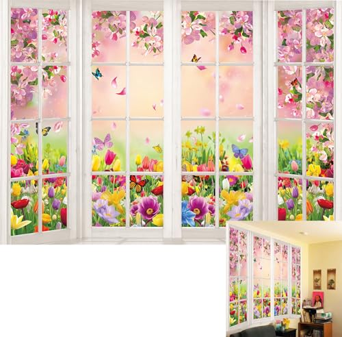 BINQOO Spring Window Flower Scene Backdrop 7x5ft White Window Sill Flower Garden Butterfly Photography Background Pink Petal Colourful Butterfly Backdrop for Birthday Party