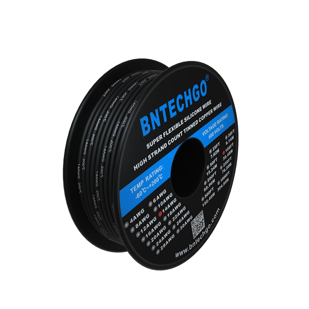 BNTECHGO 14 Gauge Silicone Wire Spool 100 ft Black Flexible 14 AWG Stranded Tinned Copper Wire