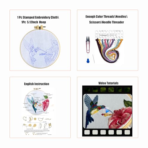 Image of YOUA Hummingbird Embroidery Kit for Adults with Stamped Pattern, Embroidery DIY Crafting,Cross Stitch Beginner Kits with Frame,Embroidery Kit.