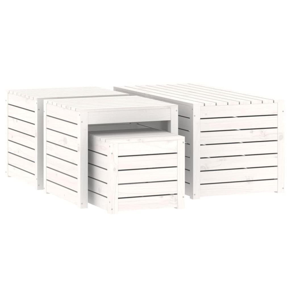 Juego de 4 cajas de jardín de madera de pino maciza, color blanco con tapa, mueble de terraza resistente para almacenamiento al aire libre, asiento o mesa, capacidad 110 kg