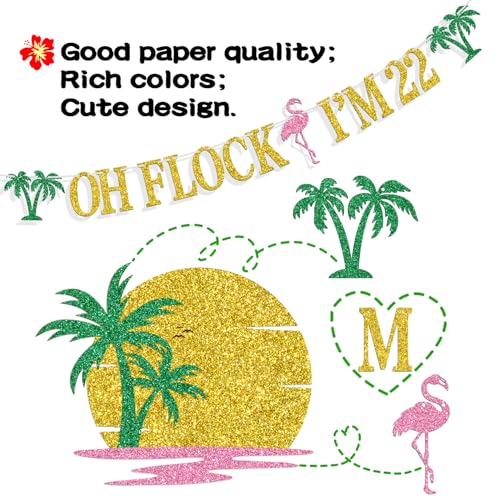 Image of Oh Flock I'm 22 Banner, Glitter Happy 22nd Birthday Anniversary Party Decorations, Pineapple Party Decor, Hawaiian Luau Tropical Aloha 22 Theme Party Photo Props