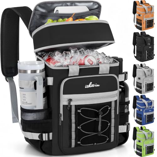 Image of Cooler Backpack Insulated Cooler Bag for Men & Women | 40 Cans Insulated Picnic Backpack with 2 Leak Proof Compartments for Picnic, BBQ Camping, Beach, Hiking, Black Grey