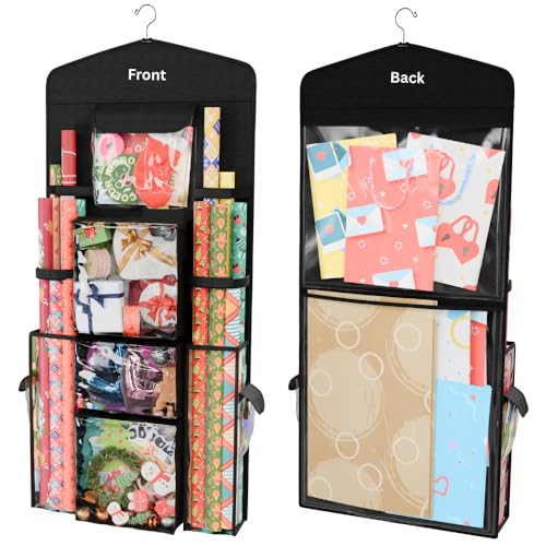 ProPik Hanging Double Sided Wrapping Paper Storage Organizer With Multiple Pockets Organize Your Gift Wrap, Gift Bags Bows Ribbons 40'X17' Fits 40 Inch Rolls Clear PVC Bag (Black)