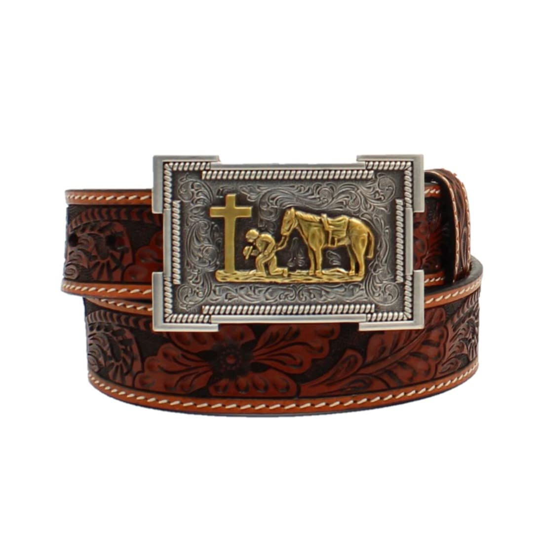 M&F Western D120001808-26 1.25 in. 3D Boy Tooled Tabs Cowboy Prayer Belt with Floral Design, Tan - Size 26