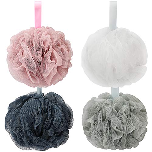 DadyMart Bath Shower Loofah Sponge 60g Bath Mesh Pouf Shower Ball Body Scrubber Exfoliating Bath Sponge for Women and Men, Set of 4, Drak Grey-Pink-Grey-White