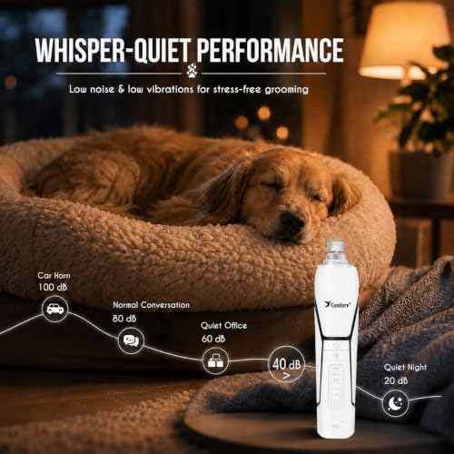 Image of Candure Whisper Quiet Dog Nail Grinder with 360 Degree LED Light, 6-Speed Rechargeable Pet Nail Trimmers with Extra Grinding Head for Safe, Stress-Free Grooming for All Pet Sizes (White)