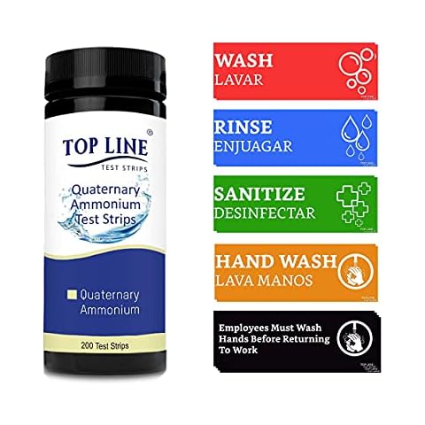 Quaternary Sanitizer Test Strips 0-500 ppm (200 Strips) with Wash Rinse Sanitize Sink Labels Signs and Hand Wash Signs (12 Labels - 2 Full Sets 2.5 x 7.25 in) Cover