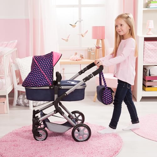 Bayer Design 18154AA City Neo Puppenwagen mit Wickeltasche und Einkaufskorb / umwandelbar in einen Sportwagen / höhenverstellbar / Design: Herzchen, Einhorn / dunkelblau, pink
