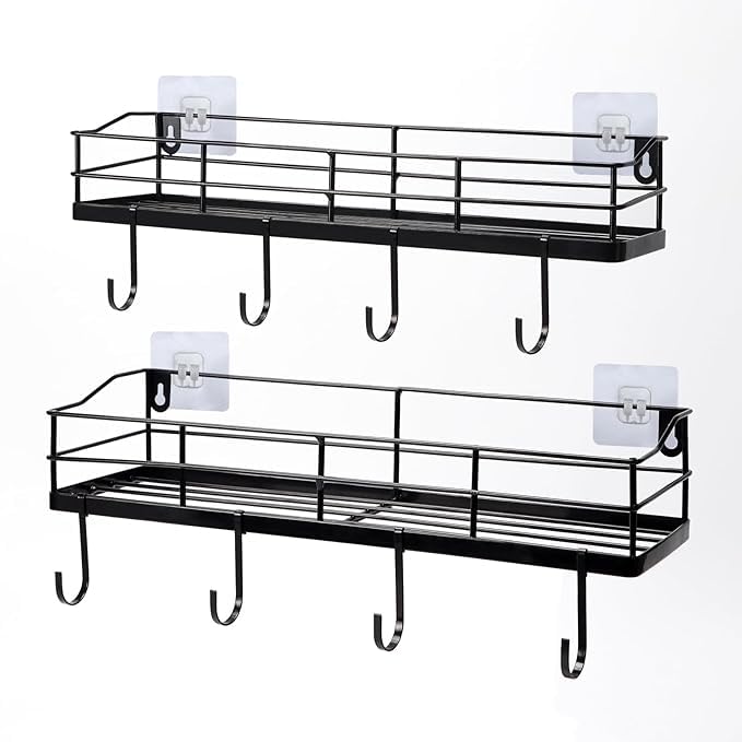 Metal Black Floating Shelves Wall Mounted with 8 Removable Hooks,...