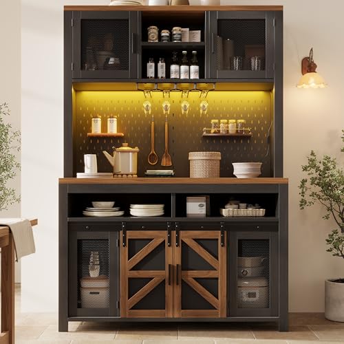 Yihomfy Buffet Cuisine Haut Noir avec USB et LED App Control, Buffet Haut avec Plan de Travail, Buffet Cuisine Rangement à Portes Coulissantes et Grillagées,...