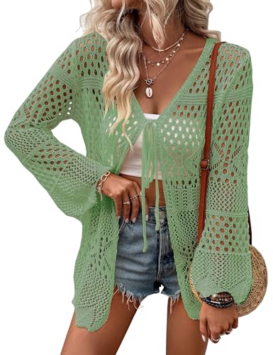 Women Lightweight Crochet Cardigans Tie Front Hollow Out Long Sleeve Knitted Cardigan Cover Up