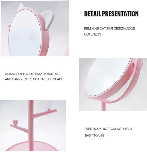 Desk Mirror in Cute Cat Ears Shape - Vanity Mirror for Bathroom or Bedroom- Pink