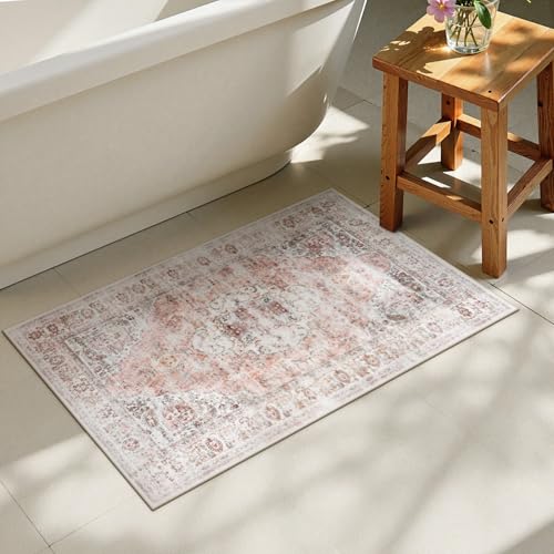 Uphome Boho-Badezimmerteppich, Used-Look, Bauernhaus-Badematte, bequemer Samt, klein, rutschfest, waschbar, orientalischer Vintage-WC-Vorleger für Waschbecken, Dusche, Waschtisch, 50,8 x 81,3 cm