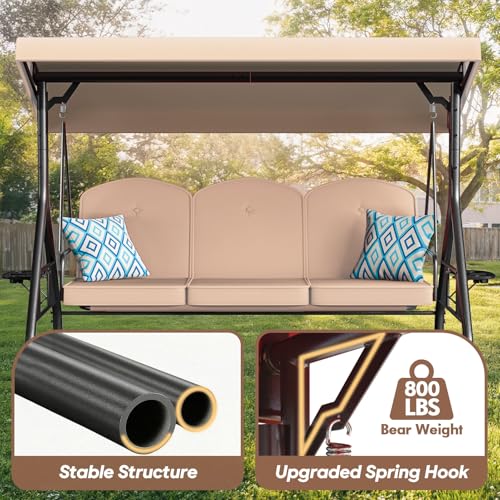 Image of ZZW 3 Seat Outdoor Porch Patio Swing with Stand 800lbs 2-in-1 Convertible Swing Bed with Adjustable Canopy & Removable Cushion for Yard Garden Deck (Khaki, Round Tube)
